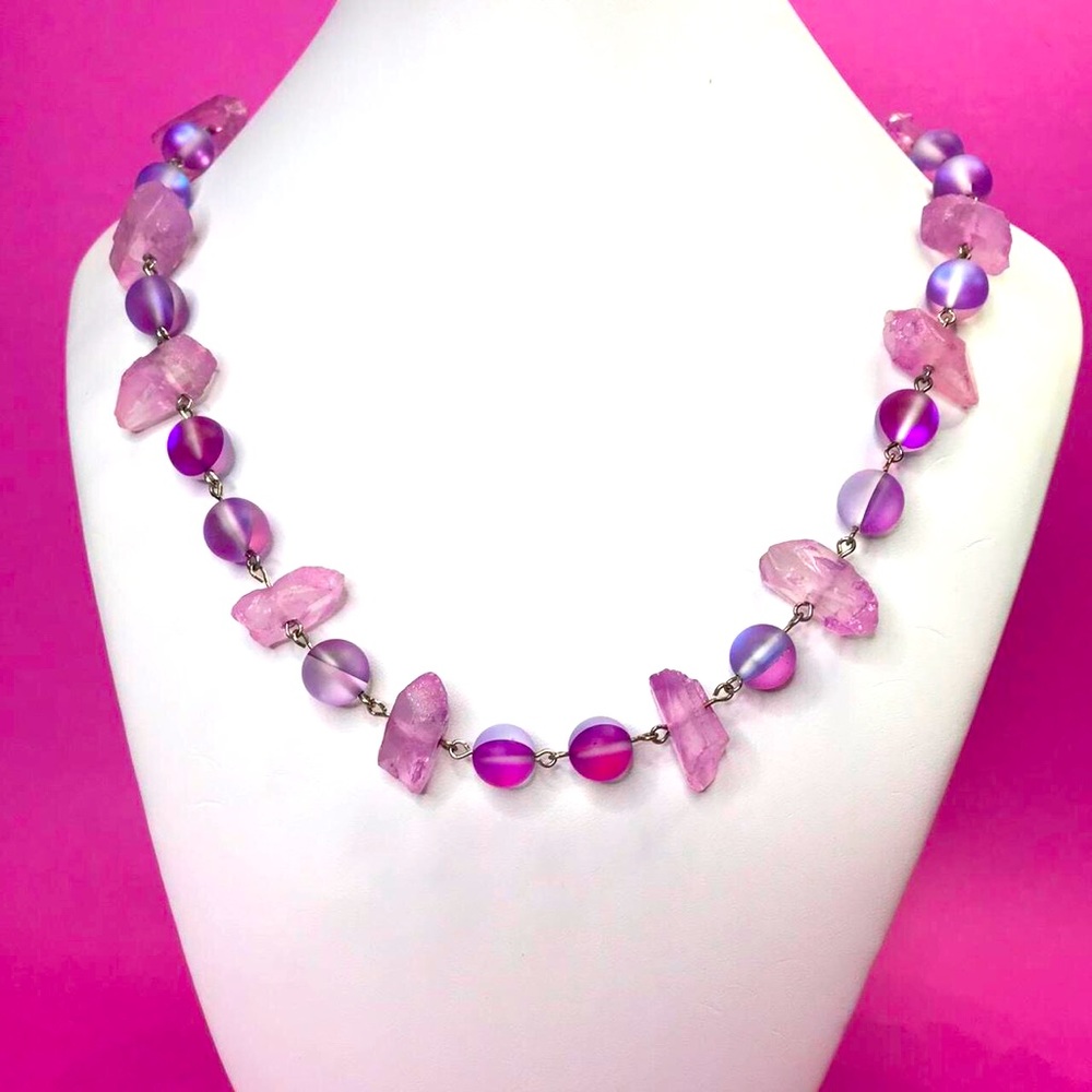 Dyed Quartz Pink with Opalite Crystal Gemstone Necklace handmade NWT